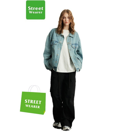 Casual Loose-fitting Short Light Blue Basic Couple's Washed Denim Jacket for Men UNFES02