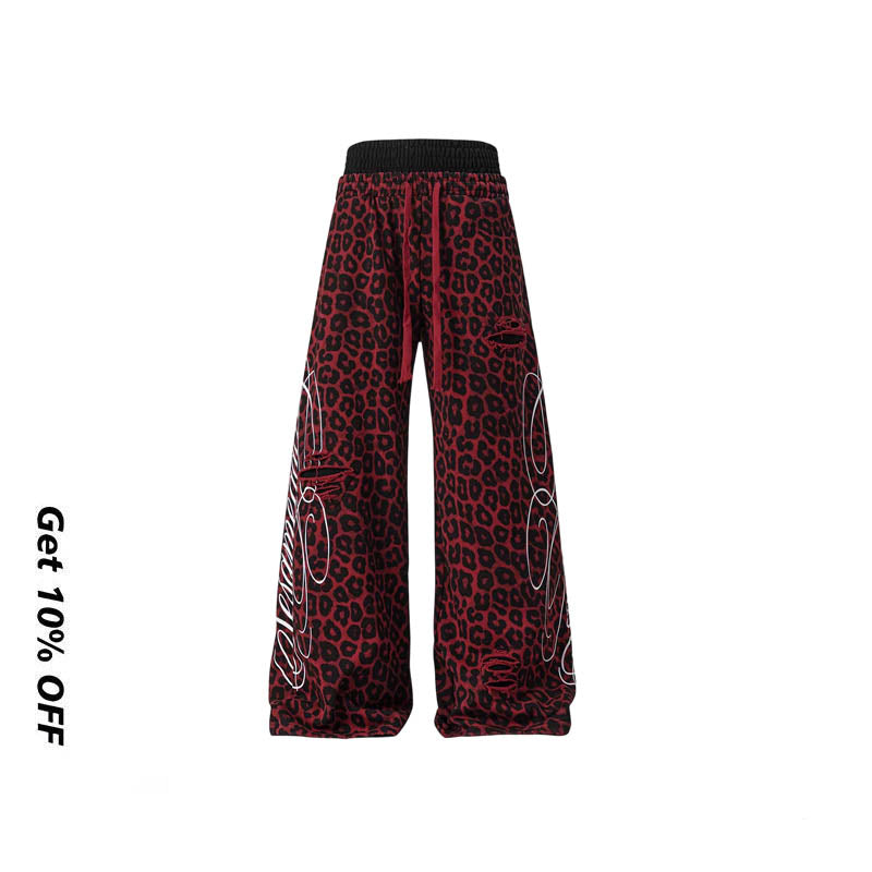 Leopard Print Double Waistband Straight Wide Leg Sweatpants 5188