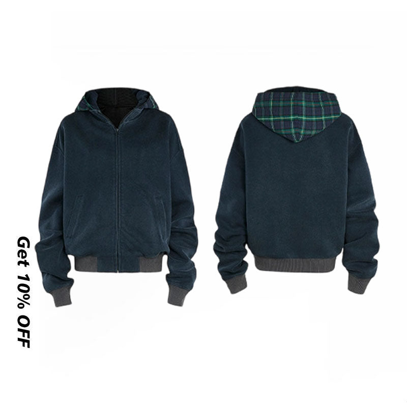 False Two Piece Plaid Washed Hoodie MD240959