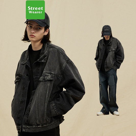 Casual Loose-fitting Short Black Basic Couple's Washed Denim Jacket UNFES01