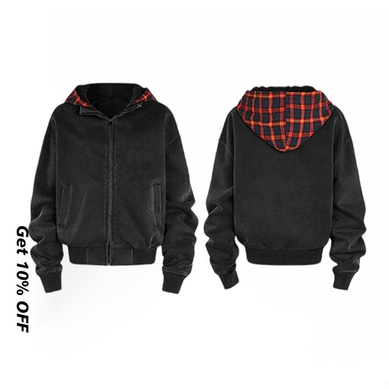 False Two Piece Plaid Washed Hoodie MD240959