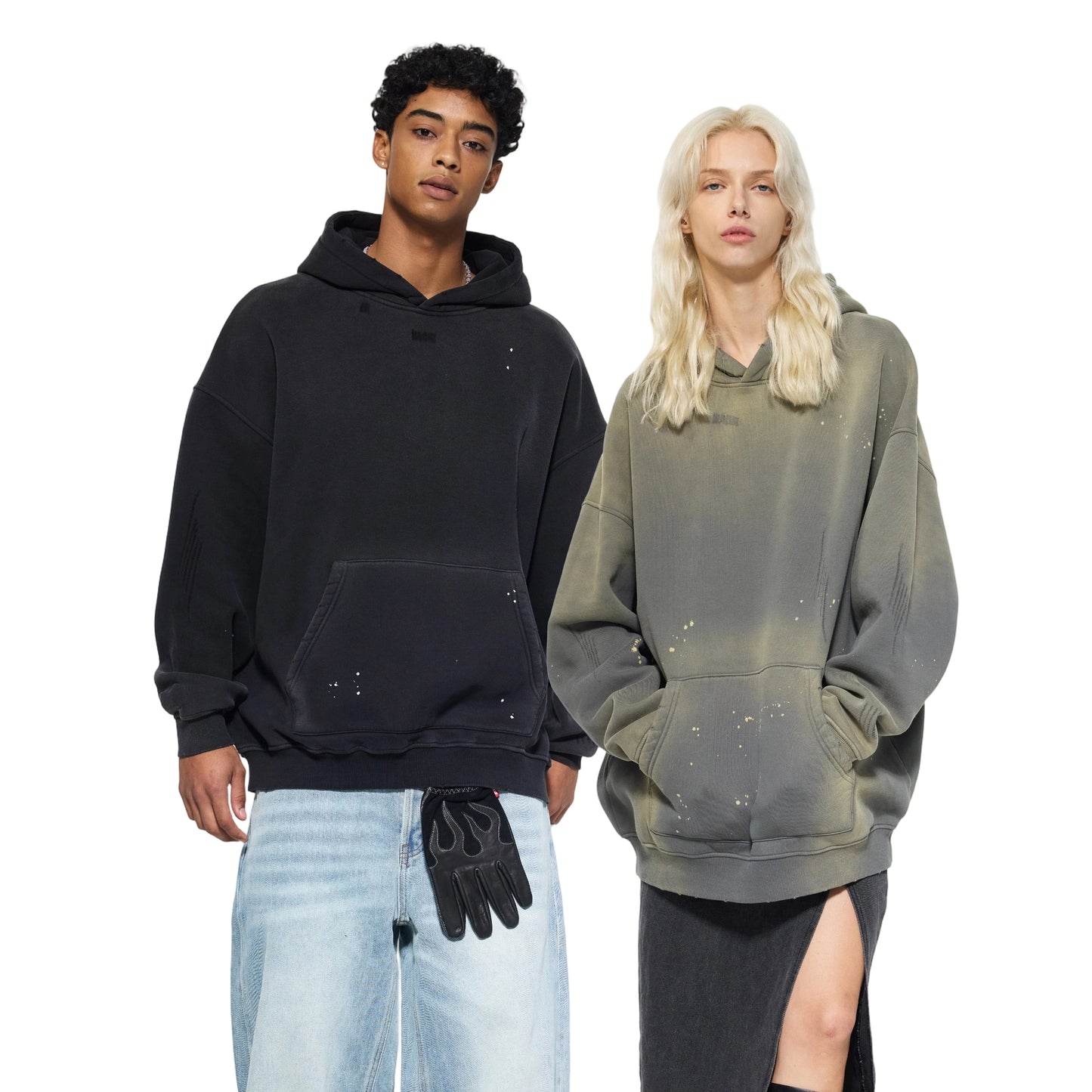 Fleece-lined Monkey Spray Ink Splash Washed Hoodies BK23819