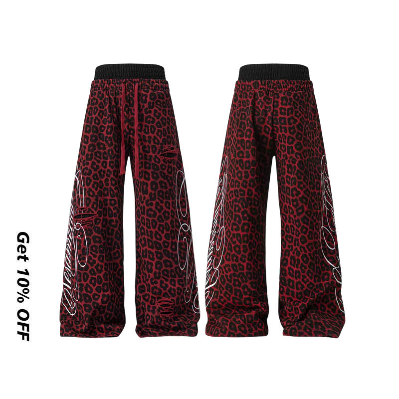Leopard Print Double Waistband Straight Wide Leg Sweatpants 5188