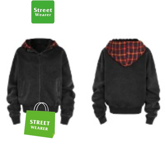 False Two Piece Plaid Heavyweight Washed Old Craft Hoodie SW038MD240959