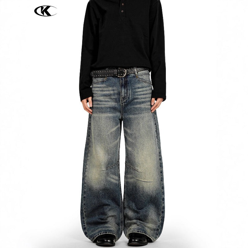 Retro Washed Blue Cat Whisker Loose Fit Jeans