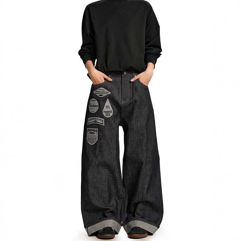 Hip Hop Letter Embroidery Baggy Wide Leg Jeans