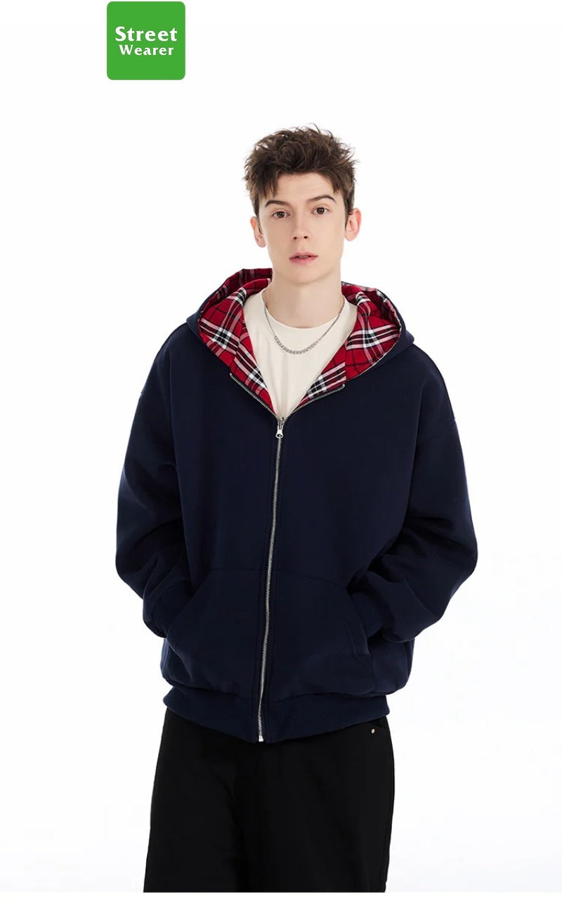Retro Two-sided Patchwork Solid Color Pullover Hoodie SW034YEW1348GB