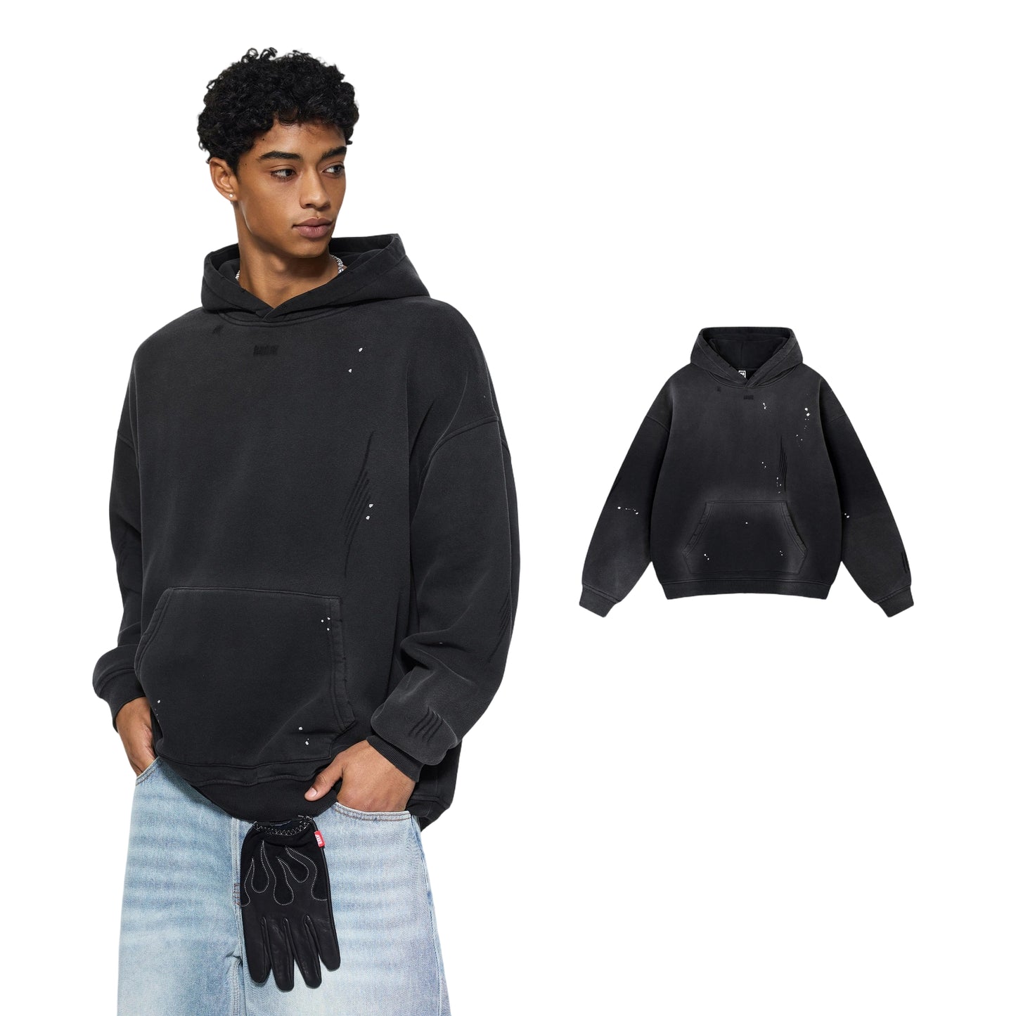 Fleece-lined Monkey Spray Ink Splash Washed Hoodies BK23819