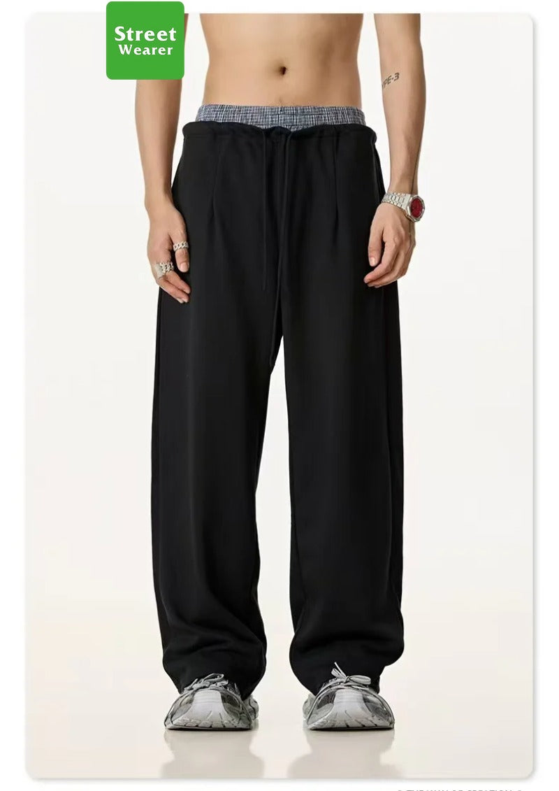 Plaid Color Contrast Double Waist Head Casual Pants K25154