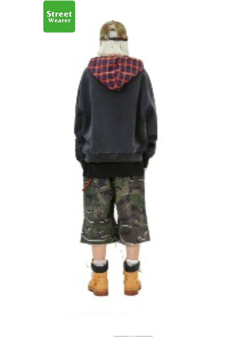 False Two Piece Plaid Heavyweight Washed Old Craft Hoodie SW038MD240959