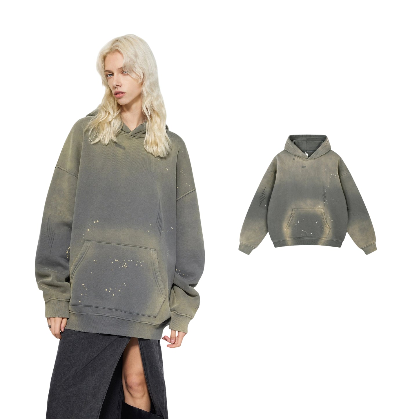 Fleece-lined Monkey Spray Ink Splash Washed Hoodies BK23819