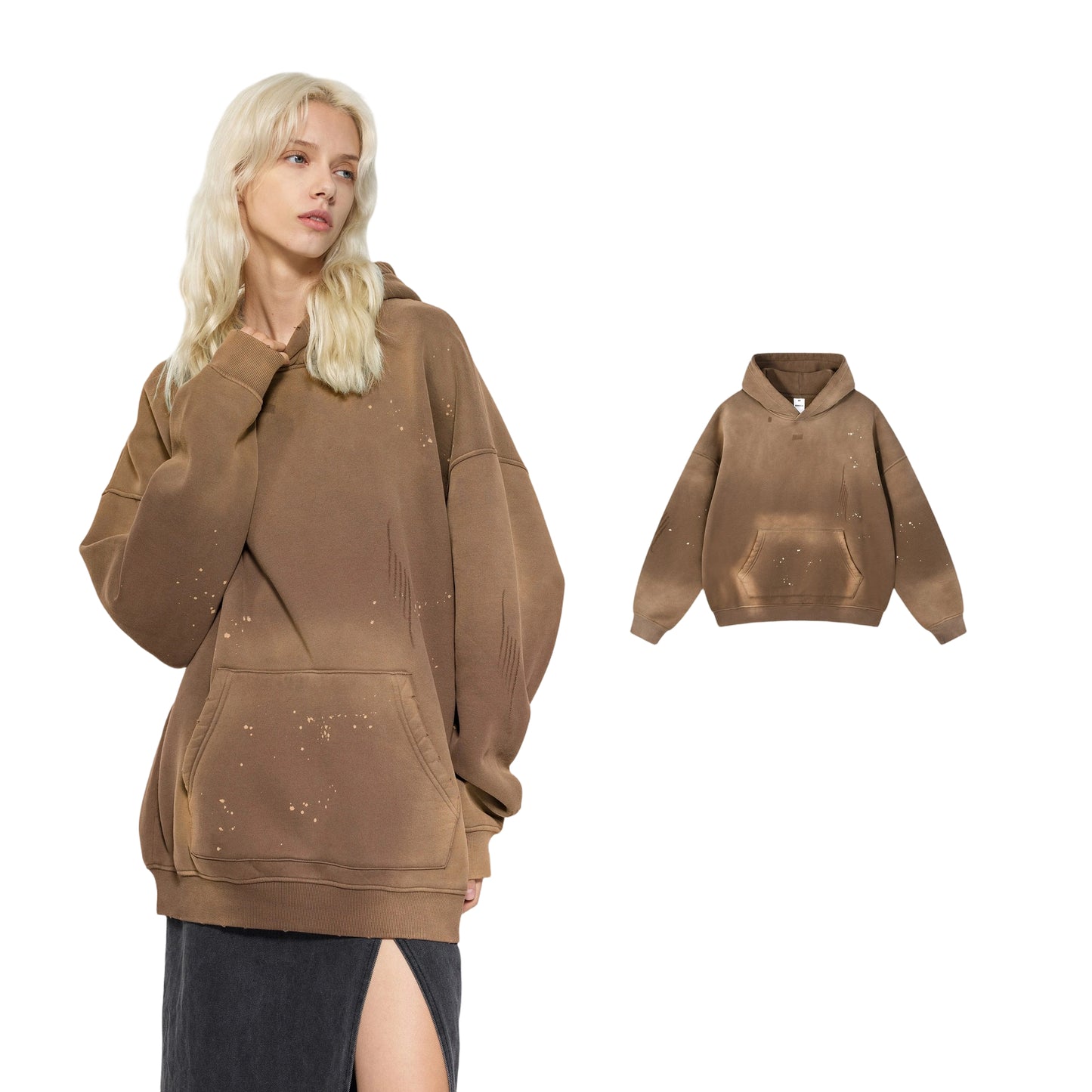 Fleece-lined Monkey Spray Ink Splash Washed Hoodies BK23819