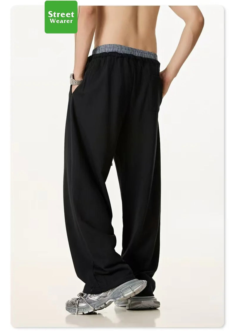 Plaid Color Contrast Double Waist Head Casual Pants K25154