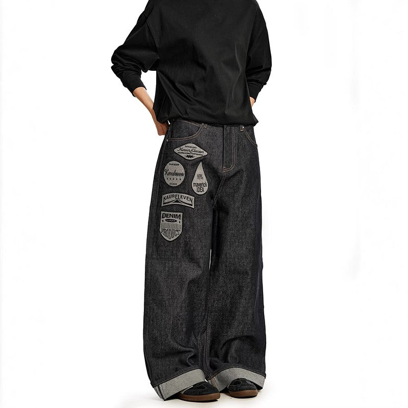 Hip Hop Letter Embroidery Baggy Wide Leg Jeans