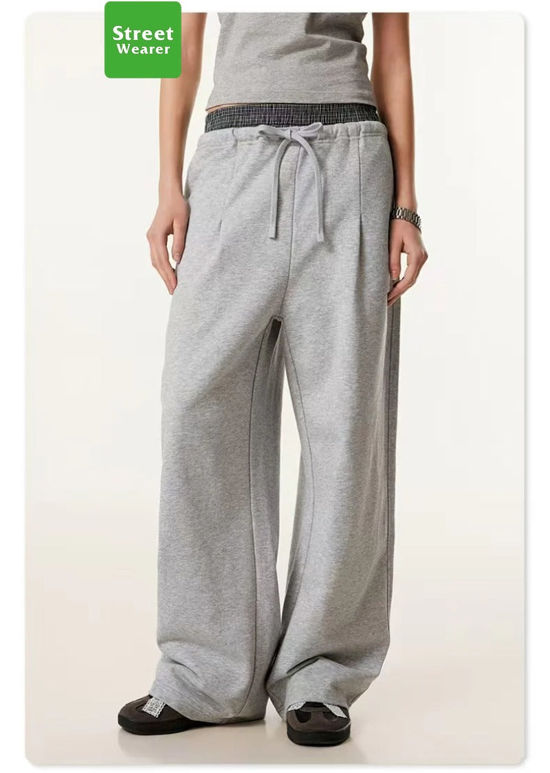 Plaid Color Contrast Double Waist Head Casual Pants K25154