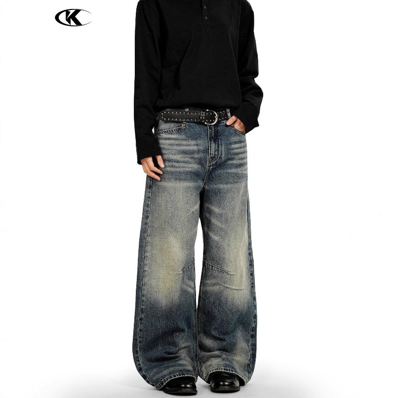 Retro Washed Blue Cat Whisker Loose Fit Jeans