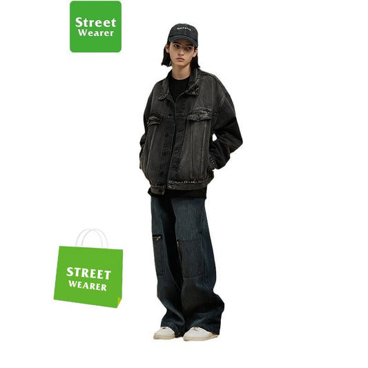 Casual Loose-fitting Short Black Basic Couple's Washed Denim Jacket UNFES01