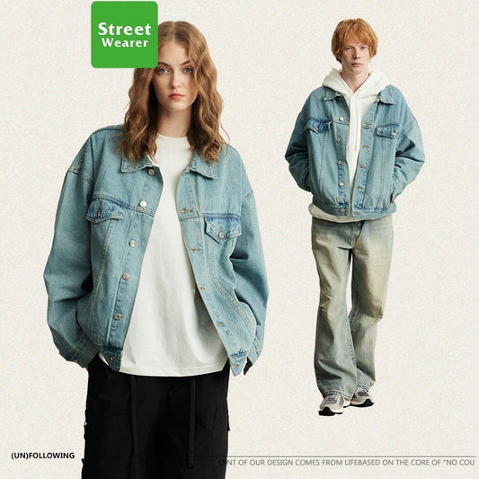 Casual Loose-fitting Short Light Blue Basic Couple's Washed Denim Jacket for Men UNFES02
