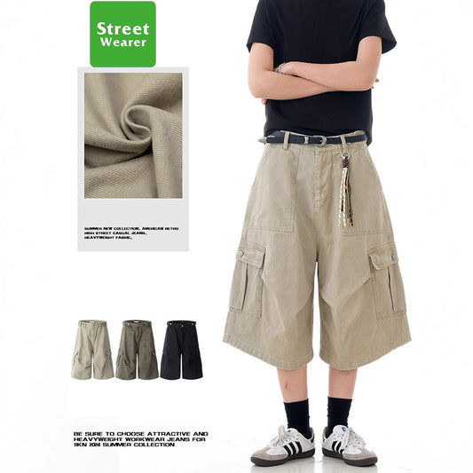 Retro Multi-Pocket  Loose Straight Leg Wide Leg Work Shorts SW2001KNCK238D