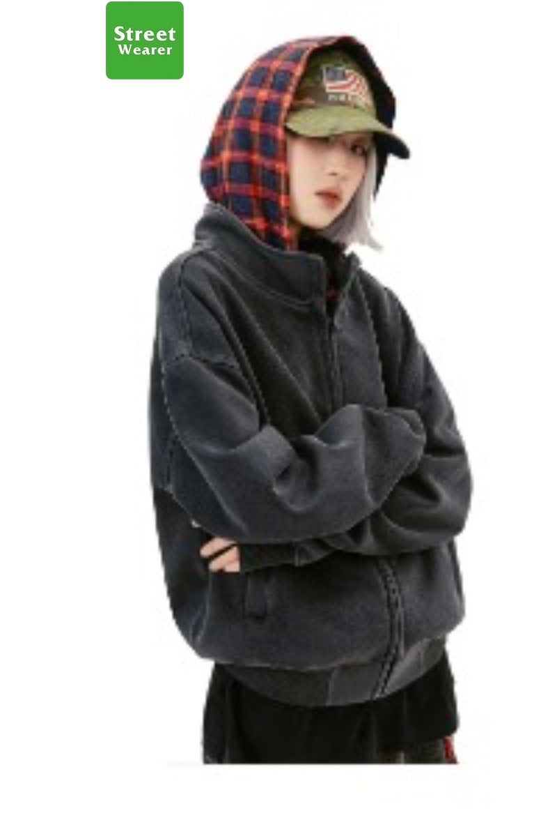 False Two Piece Plaid Heavyweight Washed Old Craft Hoodie SW038MD240959